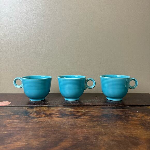 Fiesta Fiestaware original VTG turquoise blue set of 3 O ring handle coffee mugs - Picture 1 of 10